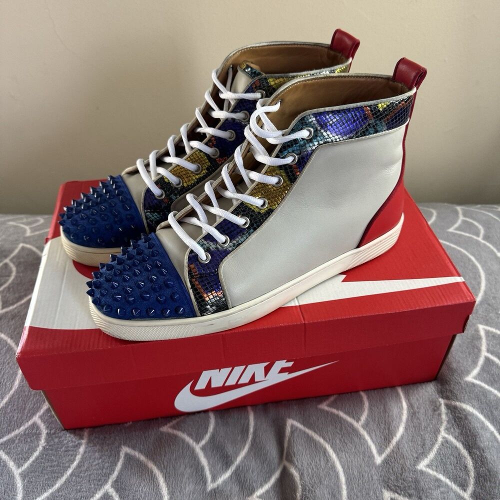 Christian Louboutin High Top Spikes Blue Gray Red Men's Sneakers EU44/US10.5